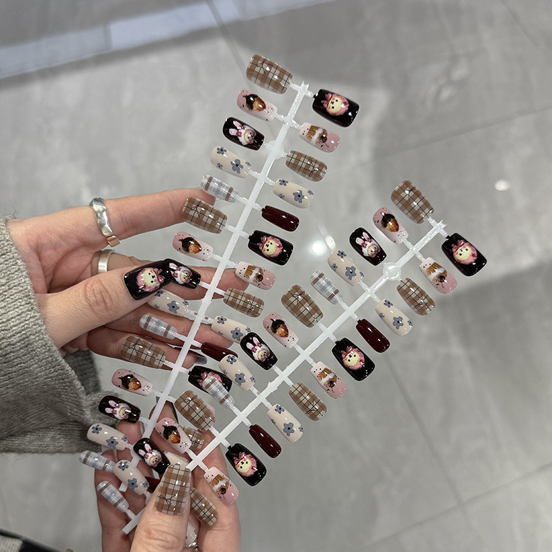 Pre-Made Nail Cartoon Ins Oil Painting Wearable Manicure New Chinese Style Sweet Cute Fresh Cream Cake Fake Nails