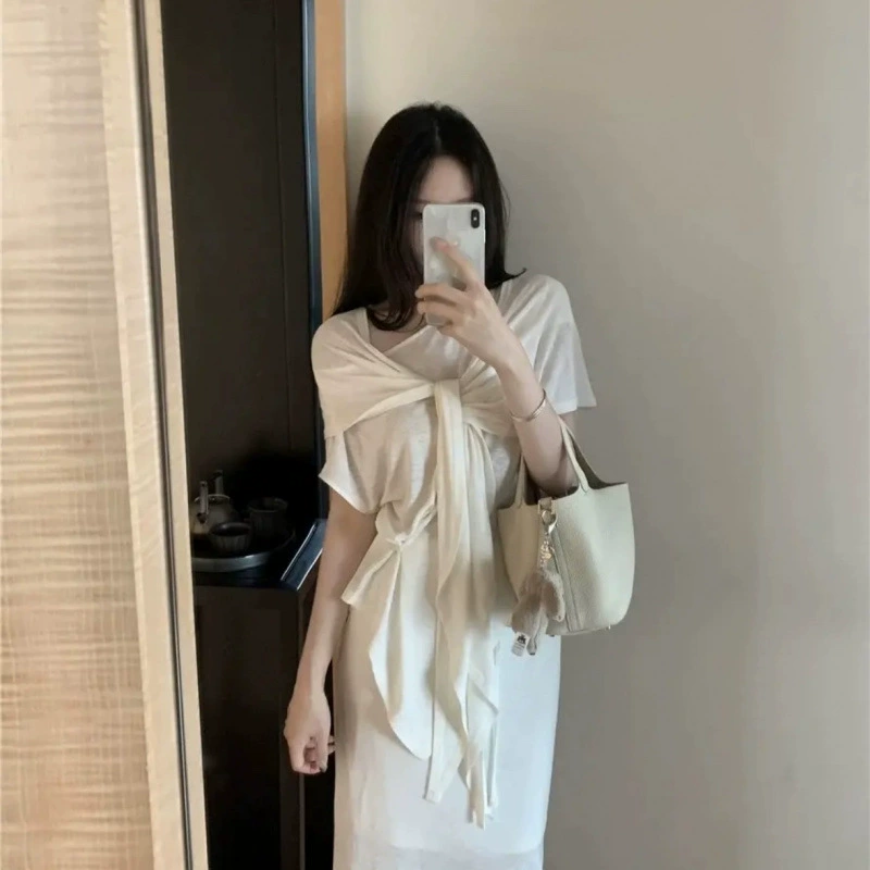 Льняной костюм 2025 года: футболка + юбка + шаль (тройка)