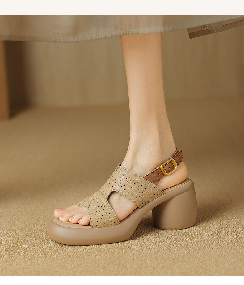 Sandal cao gót hở mũi nữ đế dày da cừu quai ngang đục lỗ — Màu trắng be chi tiết 10