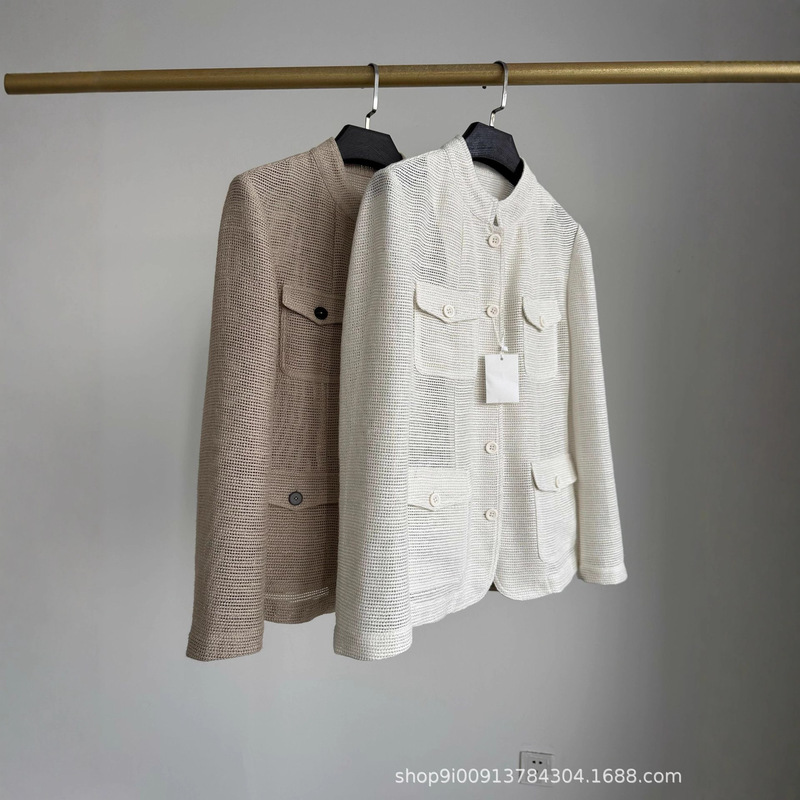 Imported Linen + Cotton Material! Bright Silk Stand Collar Pocket Knit Waist-Cinching Blazer for Autumn 2025