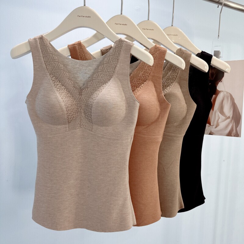 Autumn and Winter Mulberry Silk Wool Thermal Vest, Sexy V-Neck Lace Padded Underwear, Fleece-Lined Slimming Top