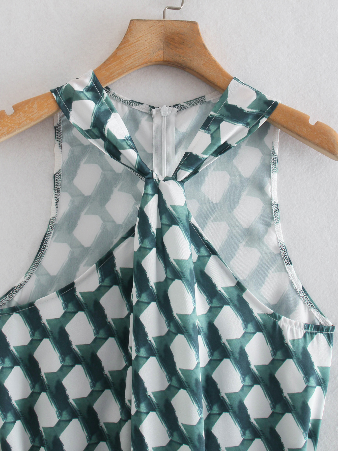 Green Sleeveless Geometric Print Satin Dress NSLQS101200