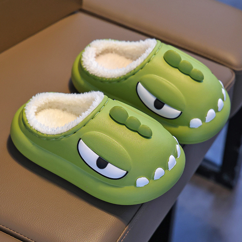 Zapatillas infantiles para niños 2024 nuevo invierno para niños hogares interiores peluche lindo impermeable padres e hijos dinosaurio zapatos de algodón