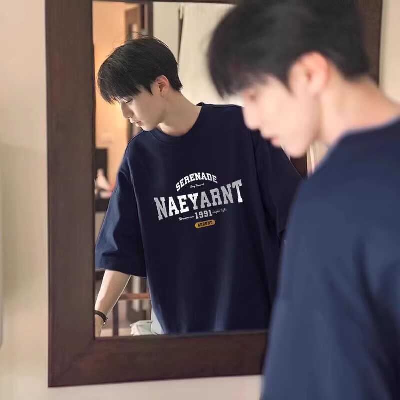 100 Pure Cotton Spring and Summer Costsize Loose Loose Half-sleeve T-shirt for Men Retro Hong Kong Style Ins Letter Short-sleeve T-shirt New Arrival Loose Half-sleeve
