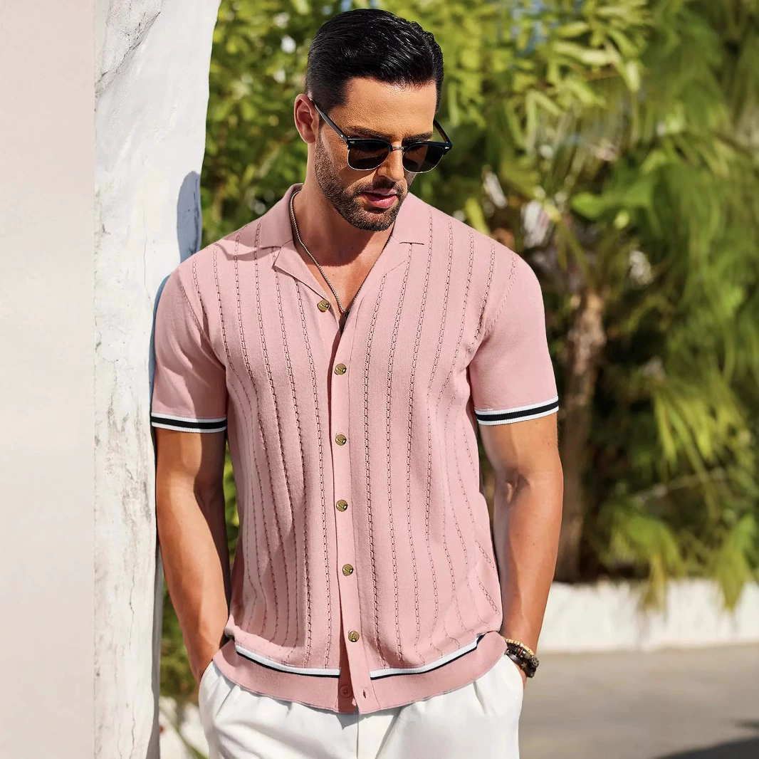 Новые европейские и американские мужские повседневные топы летние прохладные вязаные мужские рубашки с короткими рукавами и отворотом сплошной цвет мужской одежды