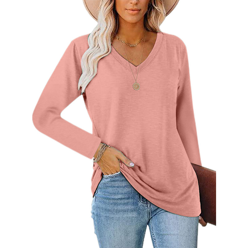 Women's T-shirt V-neck Loose Long Sleeved Solid Colour Top_voghion.com