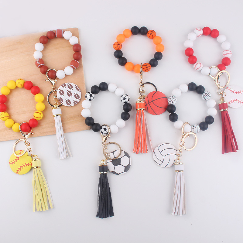 New Leather PU Tassel Cartoon Silicone Football Wrist Keychain DIY Beaded Bracelet Key Ring Female Accessories