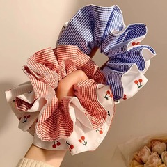 チェリー二重層プリーツヘアゴム赤チェック柄ダブルブルーチェック柄牧歌的なスタイルのヘアゴムポニーテール女性の帽子