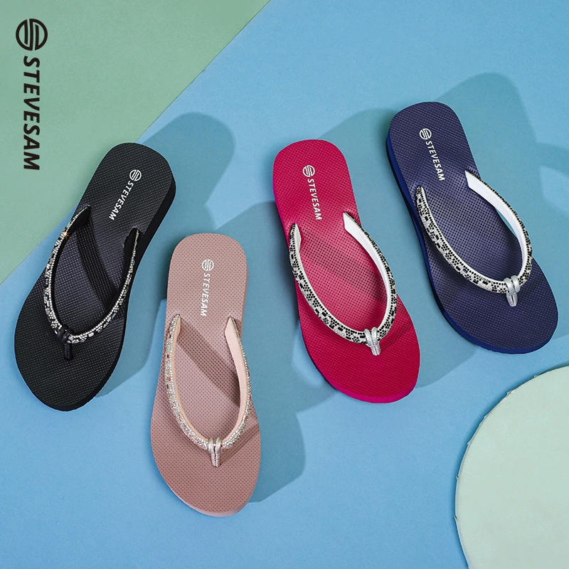 4CM склон каблуков шлепанцы женский на открытом воздухе лето ins Мода цветные стразы Нескользящие ножки для пляжного плавания тапочки
