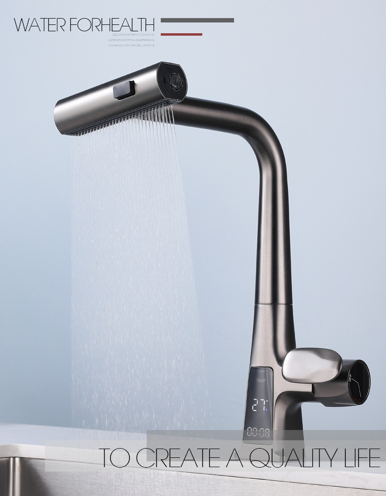 Wholesale from the original manufacturer of digital display Feiyu waterfall household kitchen pull-out faucet gun, grey cold and hot sink Application Scenario
