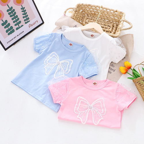Children's Summer 2024 New Princess Bubble Sleeve Butterfly Knot Sparkling Short Sleeve T-Shirt for Girls