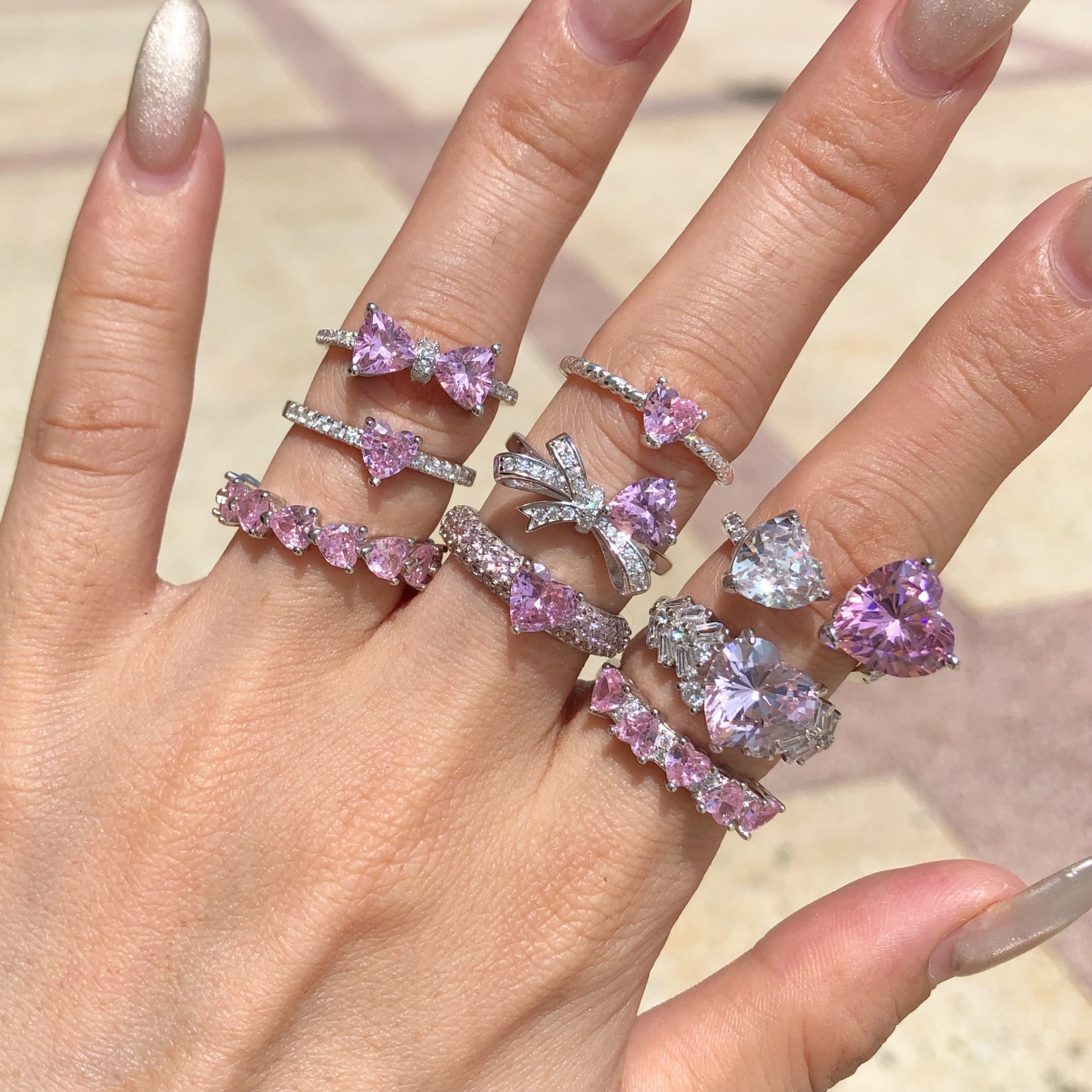 5g Weight Zircon Inlay Material Rings Classification 6, 7, 9 Ring Size 1 Piece Quantity Holiday, Daily Occasion 925 Sterling Silver Material Heart Shape, Bow Knot Pattern Women's Gender Plating, Inlay Design Sweet, Shiny Style 925 Sterling Silver Zircon Heart Shape Bow Knot Rings 2