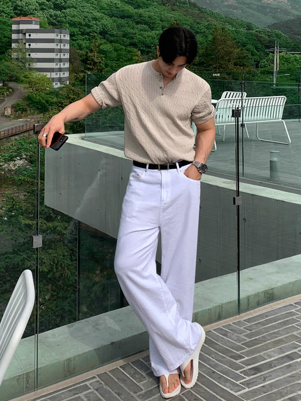MYQ オールドマネースタイルニット半袖 Tシャツメンズ夏ルーズヘンリーカラーショート Tシャツ韓国風通勤万能トップス|undefined