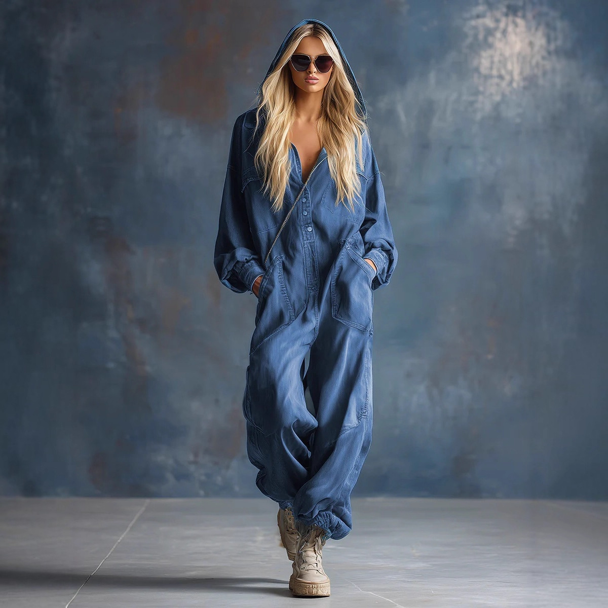 Oversized Denim Jumpsuit For Women – Relaxed Fit Hooded Romper With Utility Pockets (S-2XL, Classic Blue)_voghion.com