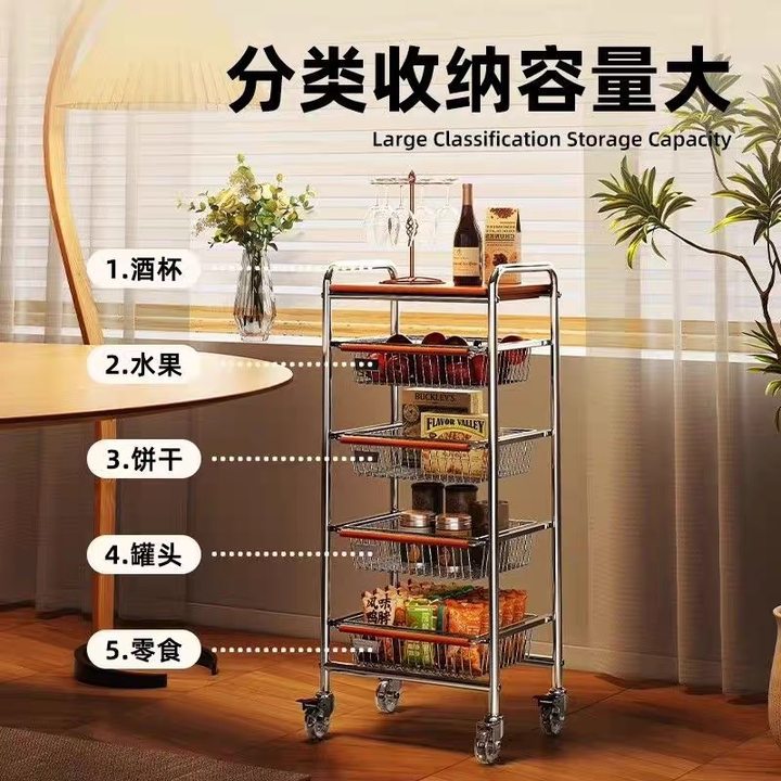Solid Wood Middle Ancient Cart Living Room Snack Storage Rack Floor Mobile Kitchen Storage Multifunctional Household Sideboard
