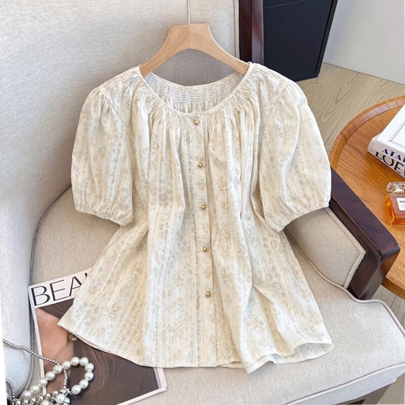 French Retro Floral Puff-Sleeved Short-Sleeved Shirt for Women 2026 Summer Plus Size Fat mm Babydoll Shirt Super Nice Top