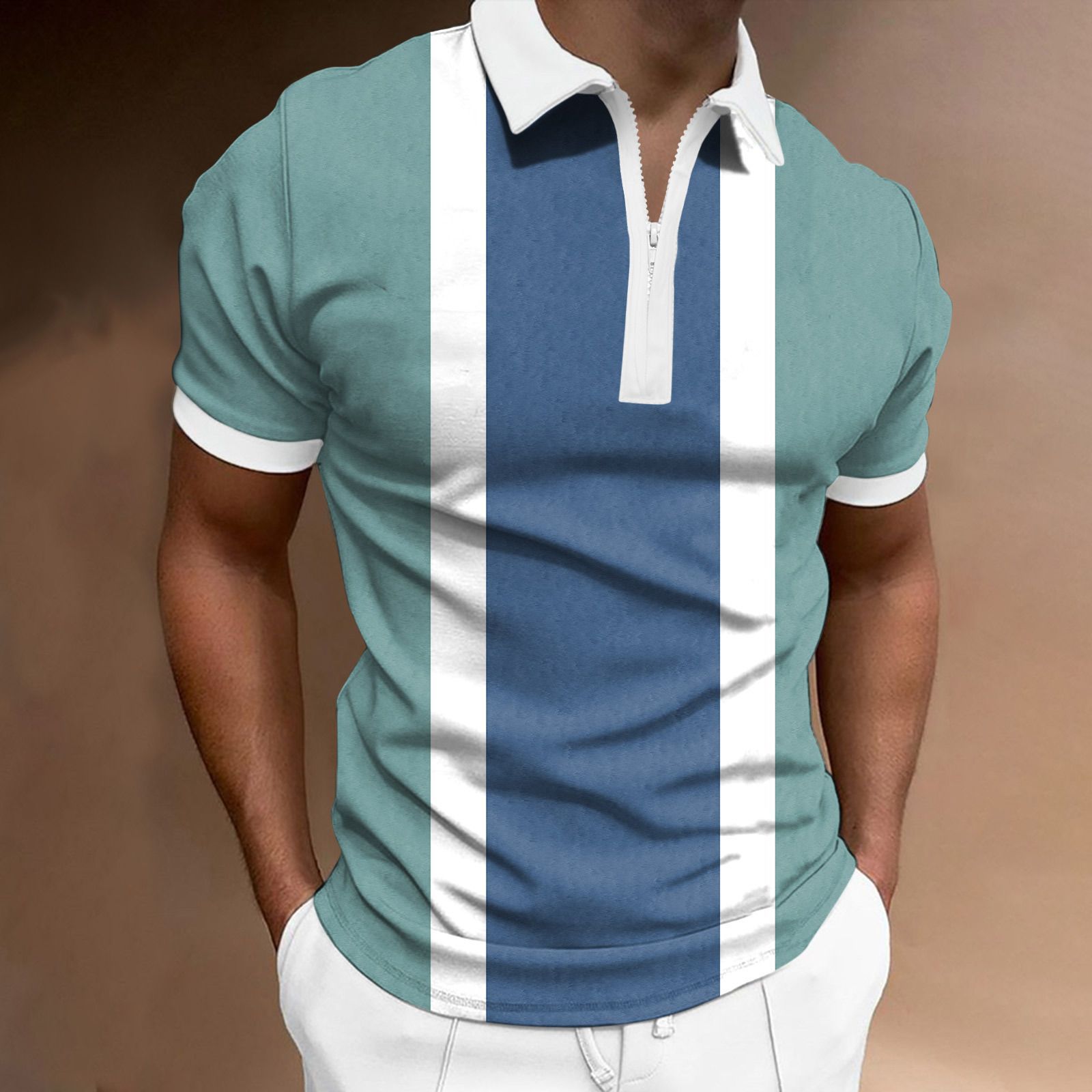 Camiseta Polo Casual de Manga Corta con Cuello Polo, Estilo Europeo y Americano, a Rayas Caqui, en Existencia, Popular en Europa y América