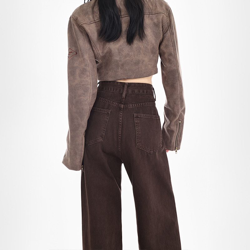 High Waist brown Wide Leg Jeans Women's 2024 Autumn New All-match Loose Slim-fit Straight Pants