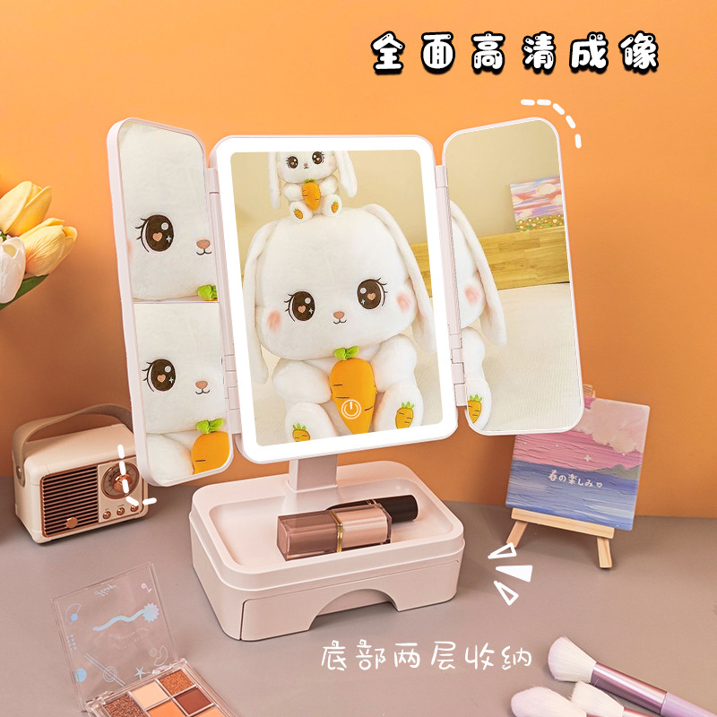 Nuevo espejo de maquillaje LED con forma de concha y luces, espejo de tocador de escritorio para dormitorio de estudiantes, con cajón de almacenamiento, recargable.