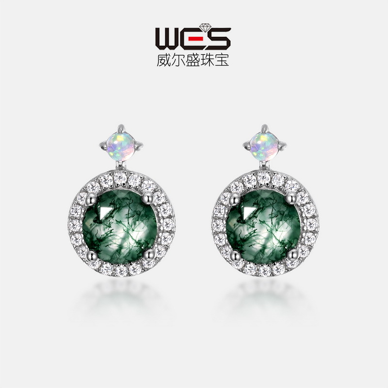 Nuevos pendientes de piedra de musgo verde fresco y natural transfronterizo S925 Pendientes de ágata de hierba de agua natural con incrustaciones de plata Lujo ligero europeo y americano