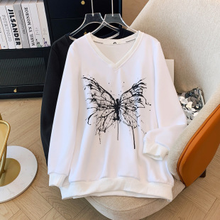 150kg Extra Large Size Women's Fat mm Fashionable Loose Printed V Neck Sweatshirt 2025 Spring & Fall New Style Right Shoulder Lazy Style