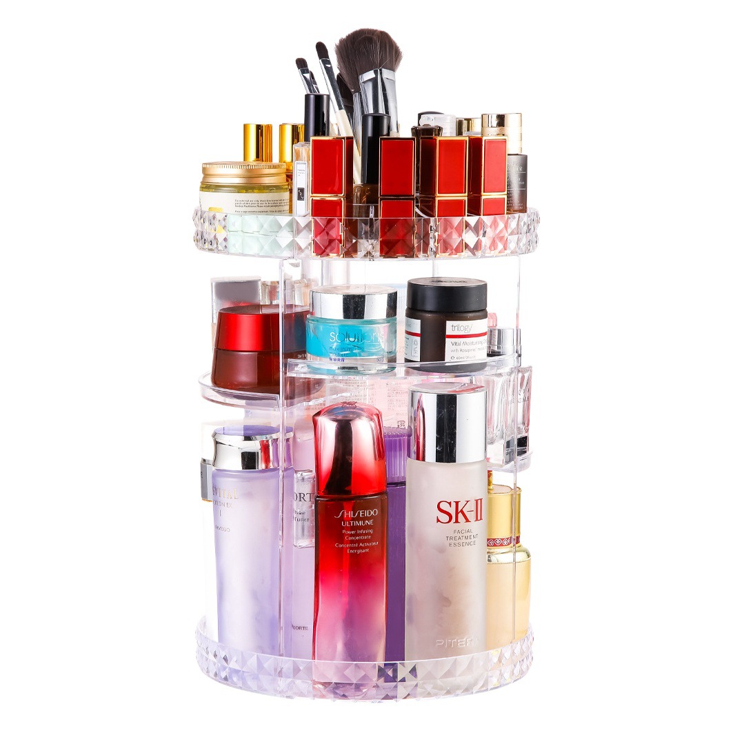 Caja de almacenamiento de cosméticos de patrón de diamante escritorio 360 caja de acrílico giratoria tocador lápiz labial productos de cuidado de la piel almacenamiento