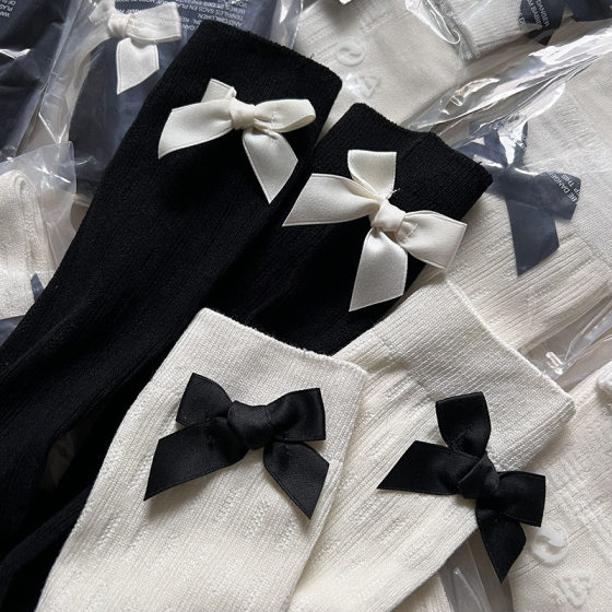 Black and White Distinctive Bowknot Calf Socks JK Girls Ins Slim Look Cute All-match Pile Socks Women's Long College Style