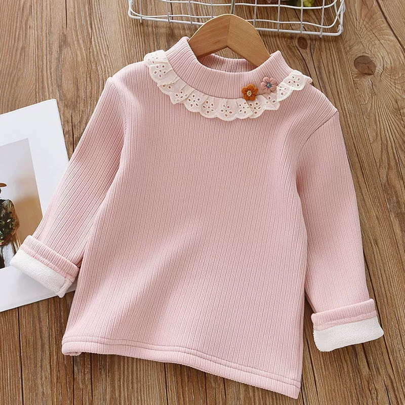 Winter base body-friendly children's fleece velvet thermal underwear, knitted T-shirt, high collar