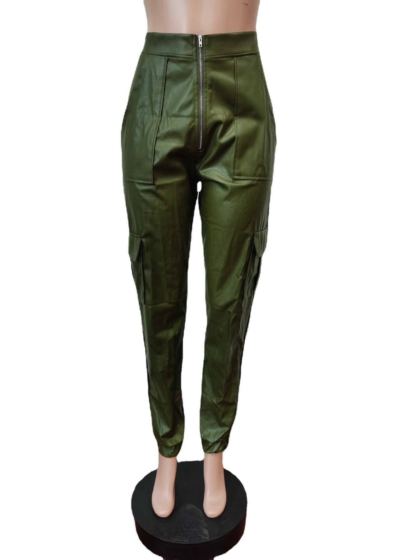 455g Weight Full Length Pants Length Pu Fabric Type Mid Waist Waist Line Jogger Pants Pants Type Micro-Elastic Elasticity Casual Occasion Regular Fit Fit Type Solid Color Pattern Spring, Autumn Season Women's Gender Zipper Design Streetwear Style Women's Casual Streetwear Solid Color Full Length Zipper Jogger Pants 35