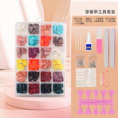 熱銷24格跨境美甲甲片套裝長款杏仁純色穿戴甲無痕超薄假指甲套裝