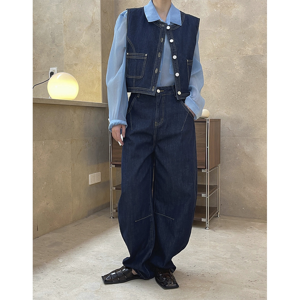 Lufu otoño nueva moda artística retro original vaca estilo sin cuello Denim chaleco cintura alta corto sin mangas chaleco para las mujeres image 3