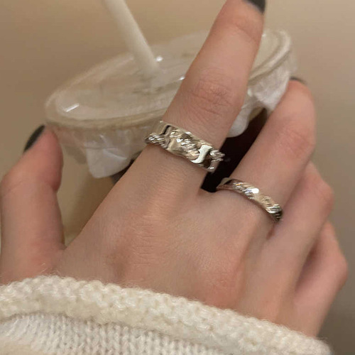 Silver-plated Circle Pendant Open Ring Set with Cold Style Elegance Couple's Finger Rings Fashion and Personality Matching Bands Trendy