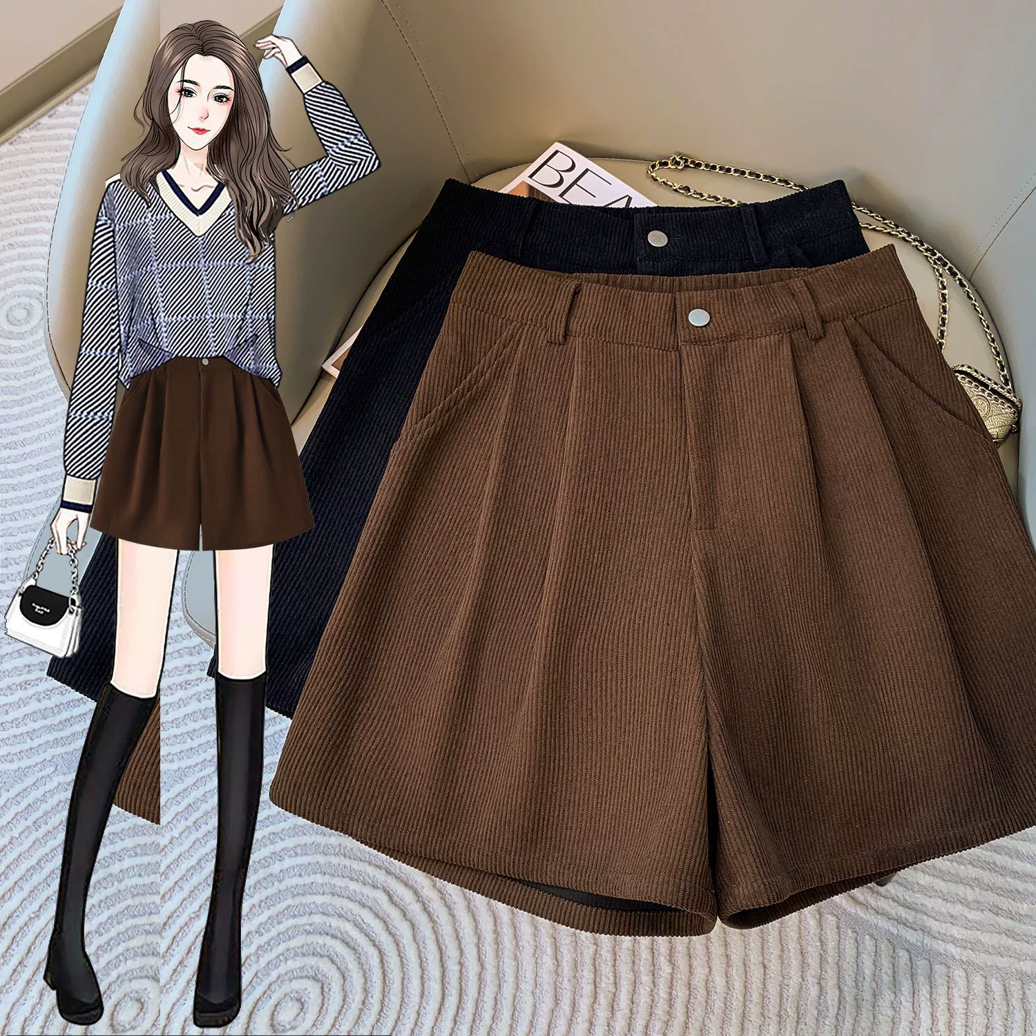 Осенняя и зимняя мода новый стиль с высокой талией тонкие широкие брюки вельветовые шорты повседневные дикие сапоги брюки 66533 #