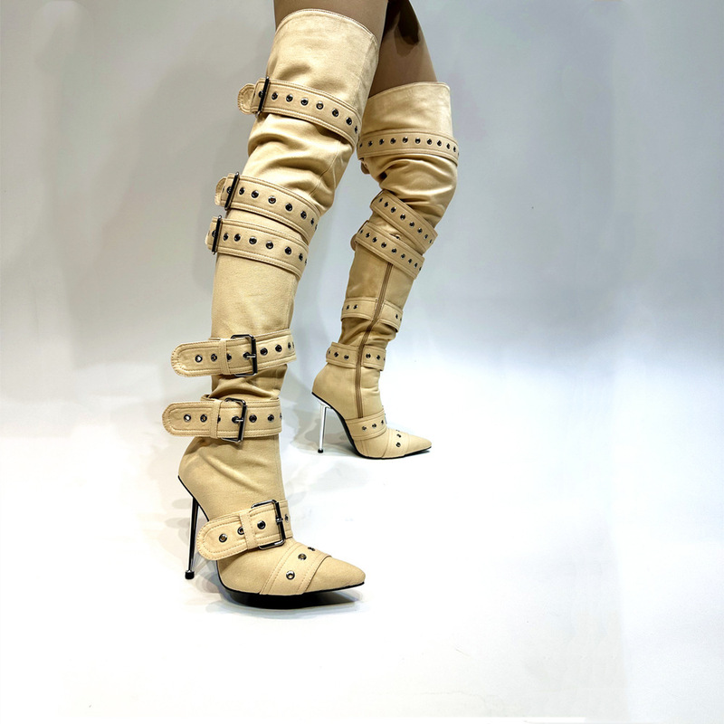 2025 Export New European and American Stiletto Pointed Toe Buckle with Rivets over the Knee Long Belt Buckle Sexy Large Size Women's Boots
