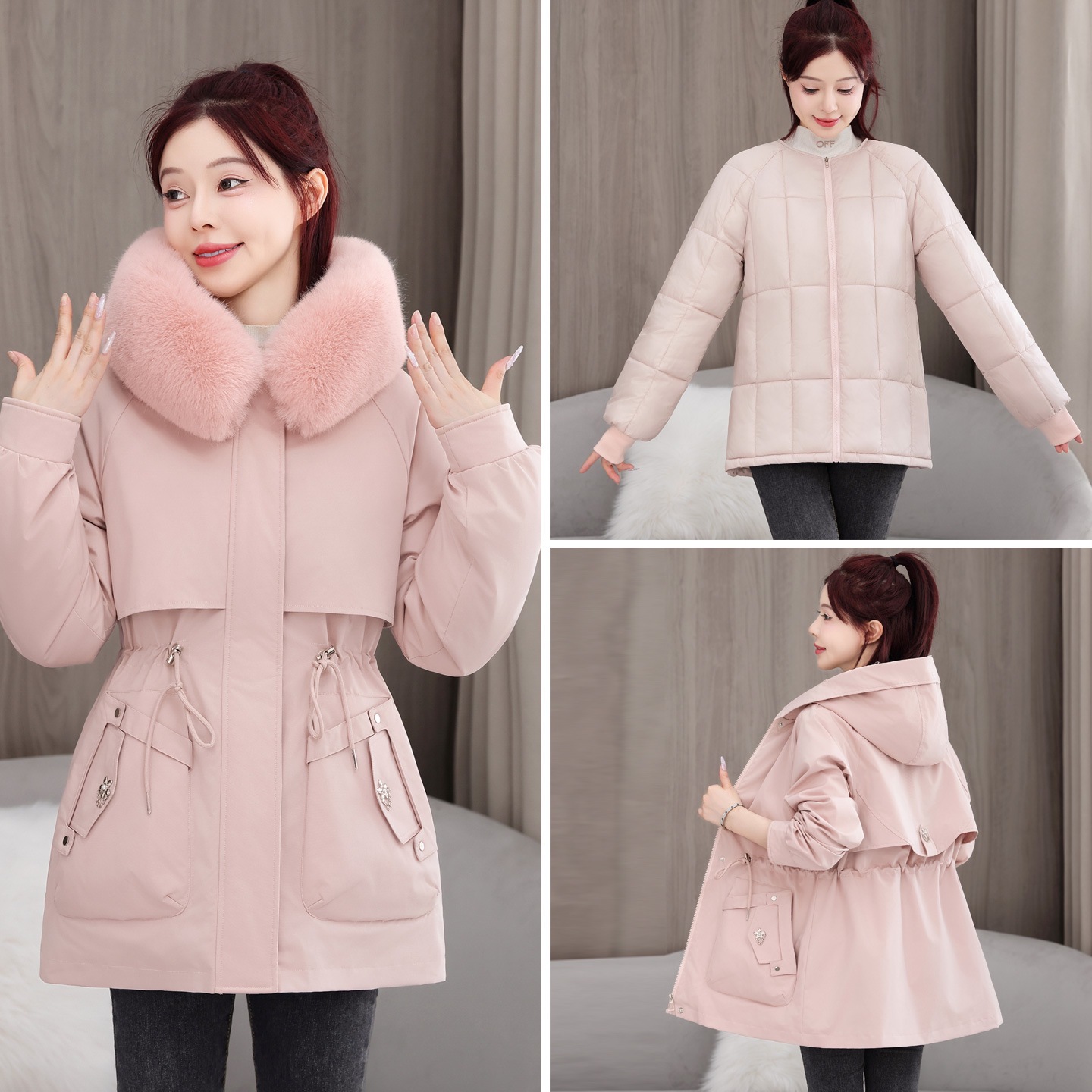 American Style Three Wear Over Peak desmontable ropa de algodón de invierno de mujeres cuello de cabello coreano medio largo chaqueta de algodón gruesa suelta image 1