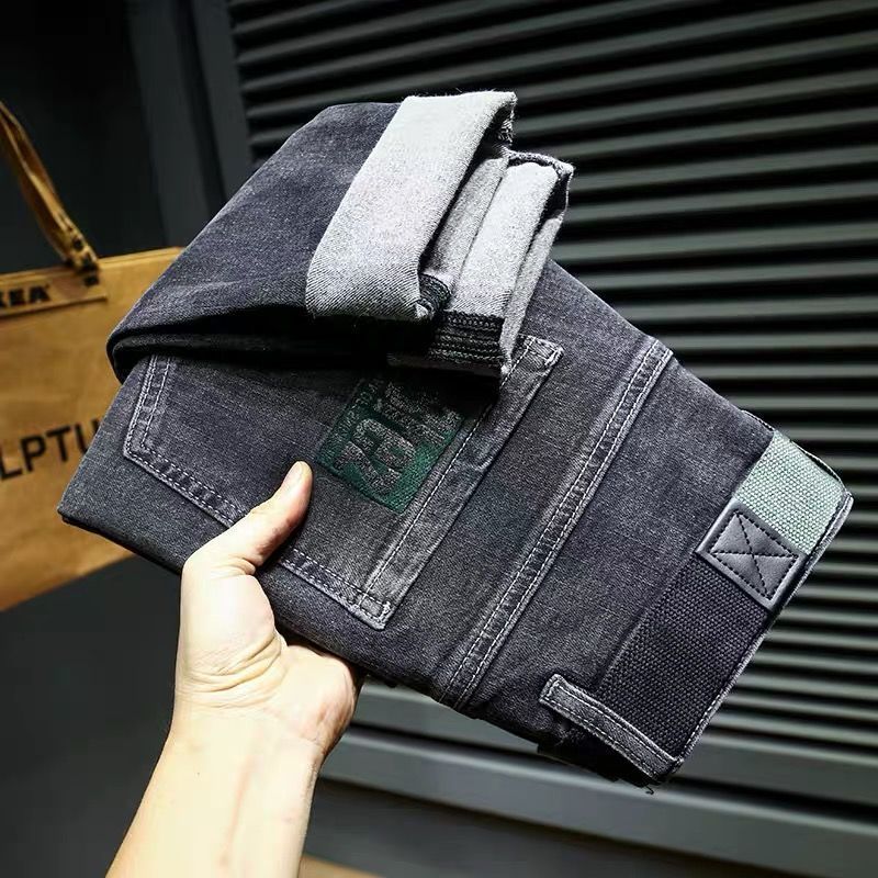 Winterplüschige und dicke Jeans für Herren, trendige kleine Füße, hochwertige, lässige, elastische Slim-Fit-Langhose_voghion.com