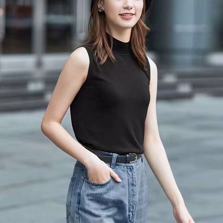 Áo thun nữ cổ trụ nửa cao không tay chất liệu lụa đá dệt kim mặc trong — Xanh bơ