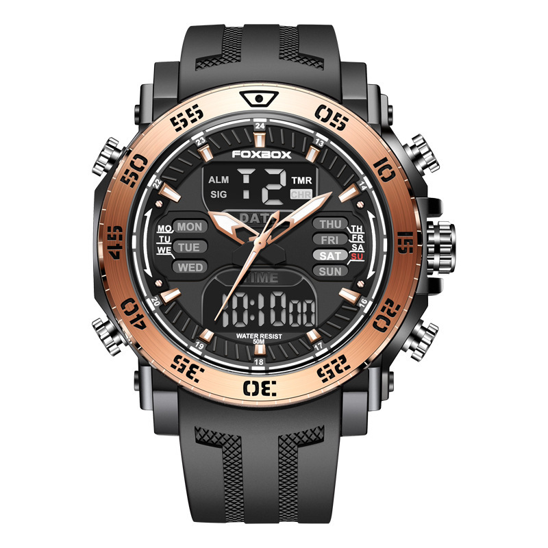 FB0021 cinta de los hombres de cuarzo electrónico de doble pantalla reloj luminoso multifuncional impermeable reloj despertador