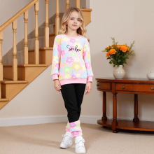 女童秋冬款毛毛厚款套装七彩花朵圆领上衣堆堆长裤套装两件套时尚