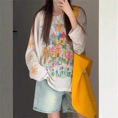 原版面料防晒复古涂鸦印花长袖T恤女夏季宽松薄款中长款罩衫上衣
