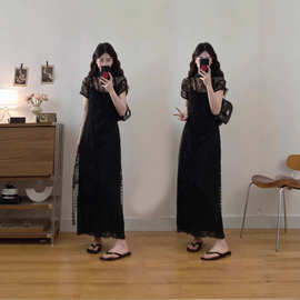 2025年大码女风情万种旗袍蕾丝流苏设计感两件套法式气质黑色连衣