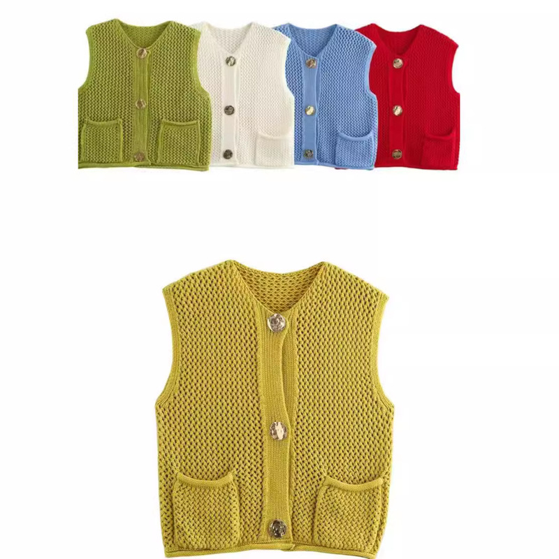 European and American autumn new women's fashion temperament sleeveless round neck single breasted knitted vest cardigan in stock wholesale