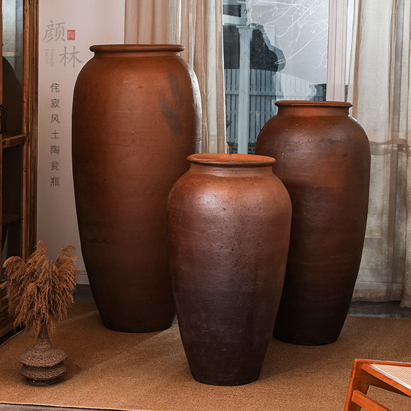 Super-large Floor-standing Clay Pottery Curry Color Weng Bottle Thin and 1.6-meter-high Combination Pottery Jar Vase Hotel Lobby Bottle