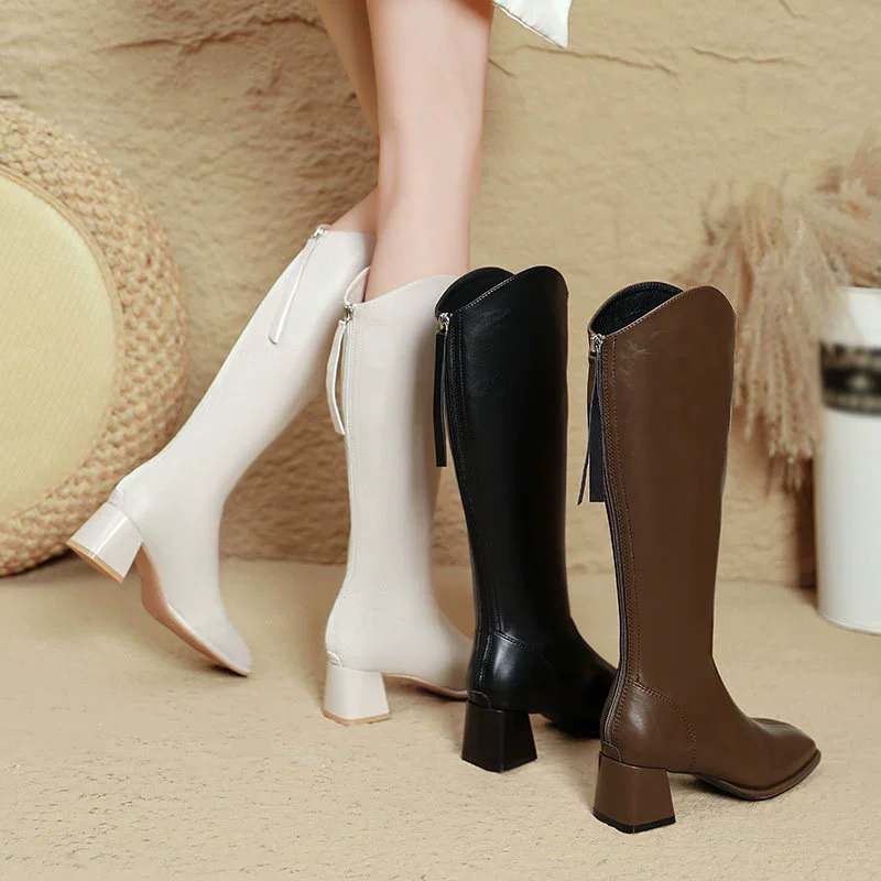 Женские сапоги выше колена 2025, новые осенне-зимние, на высоком каблуке, утягивающие, с V-образным вырезом, на толстом каблуке, коричневые, с квадратным носком, высокие сапоги
