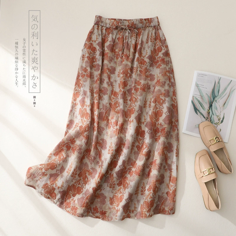 Хлопковая и льняная юбка-трапеция с высокой талией для женщин, весна-лето 2025, свободная юбка средней длины с принтом из рами