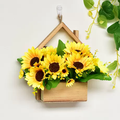 Wooden house + big and small head sunflower