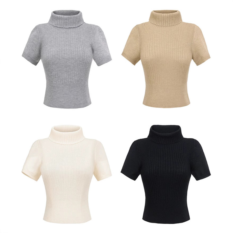 Spring AP25037-24 New European and American-style High Neck Short Sleeve Elastic Thread Pit Slim-fit Short Sweater