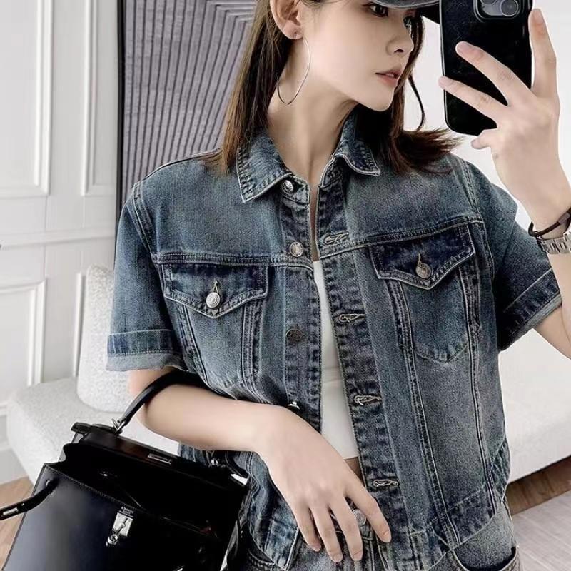 Summer Vintage Short-sleeved Denim Coat Women's Small Short Loose Cardigan 2024 New Shirt Jacket Top