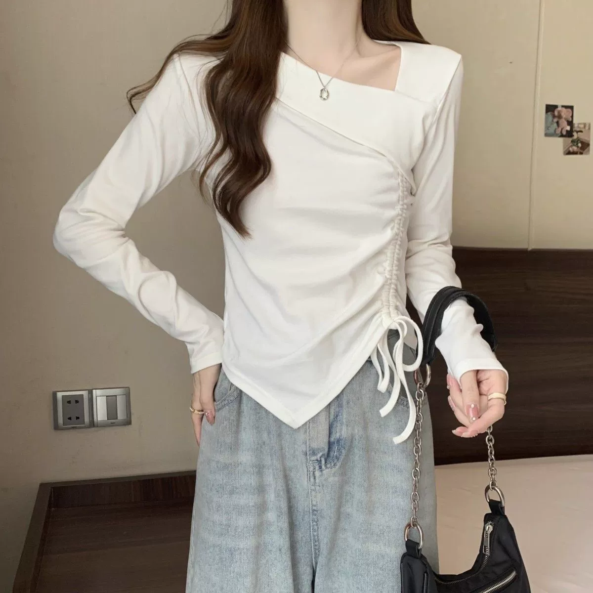 Неправильная шикарная футболка с длинными рукавами большого размера женская осенняя конструкция