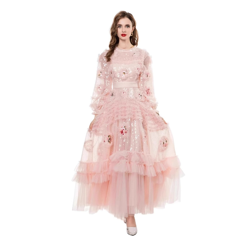 2025 Spring/Summer New Round Neck Mesh Semi-Transparent Ruffled Embroidered Sequin Elegant Fairy Dress